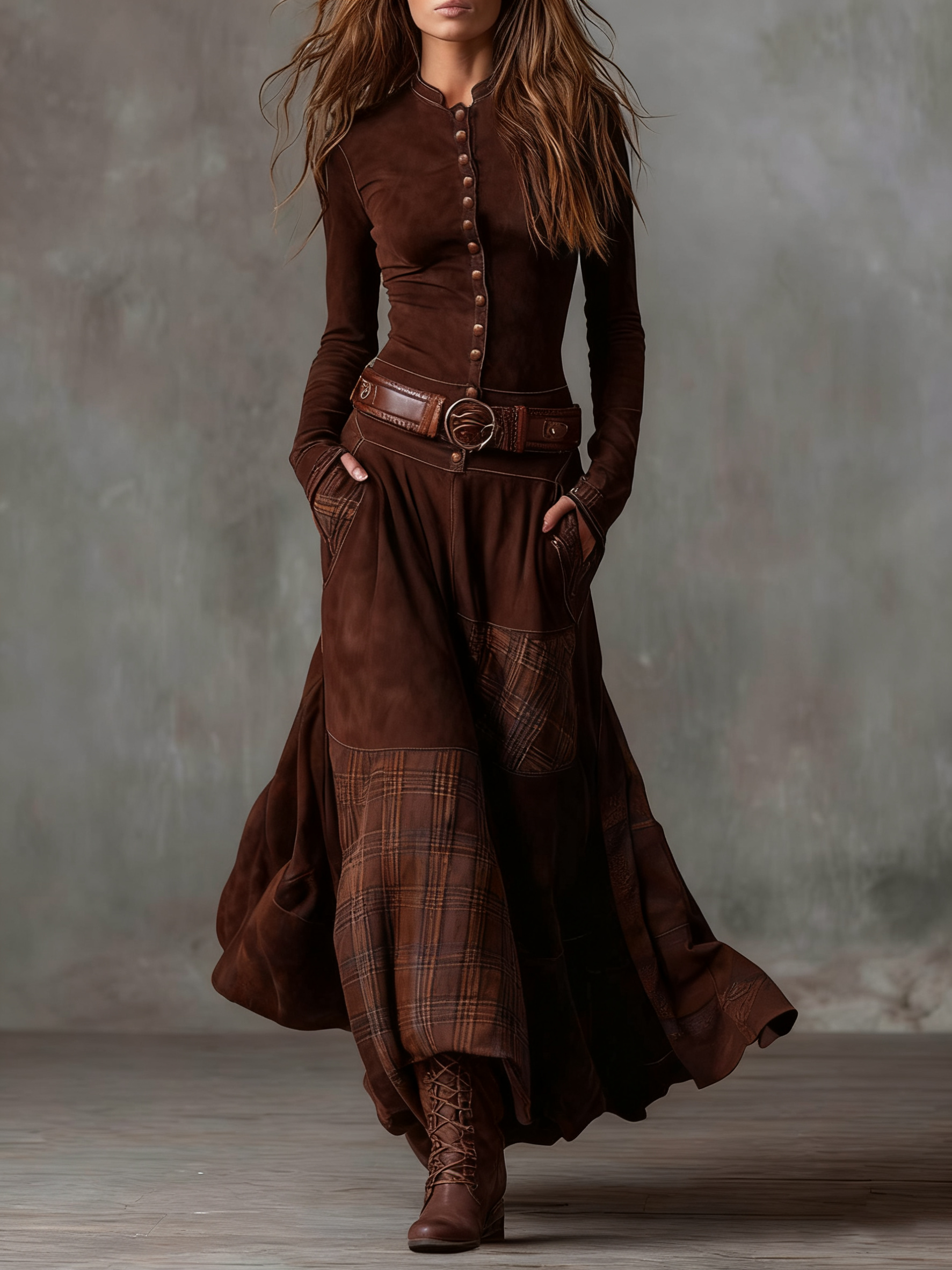 Azucena - Robe maxi en daim avec ceinture