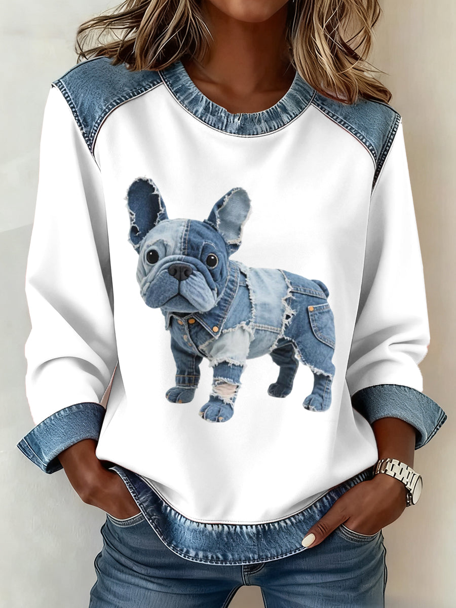Alma - Sweat à capuche pour femme avec patchwork en denim style bulldog français