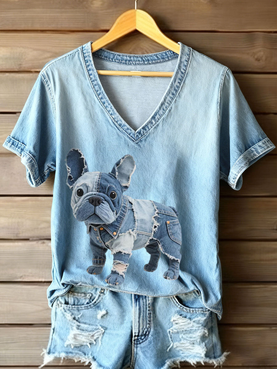 Dulce - T-shirt femme col en V style bulldog français