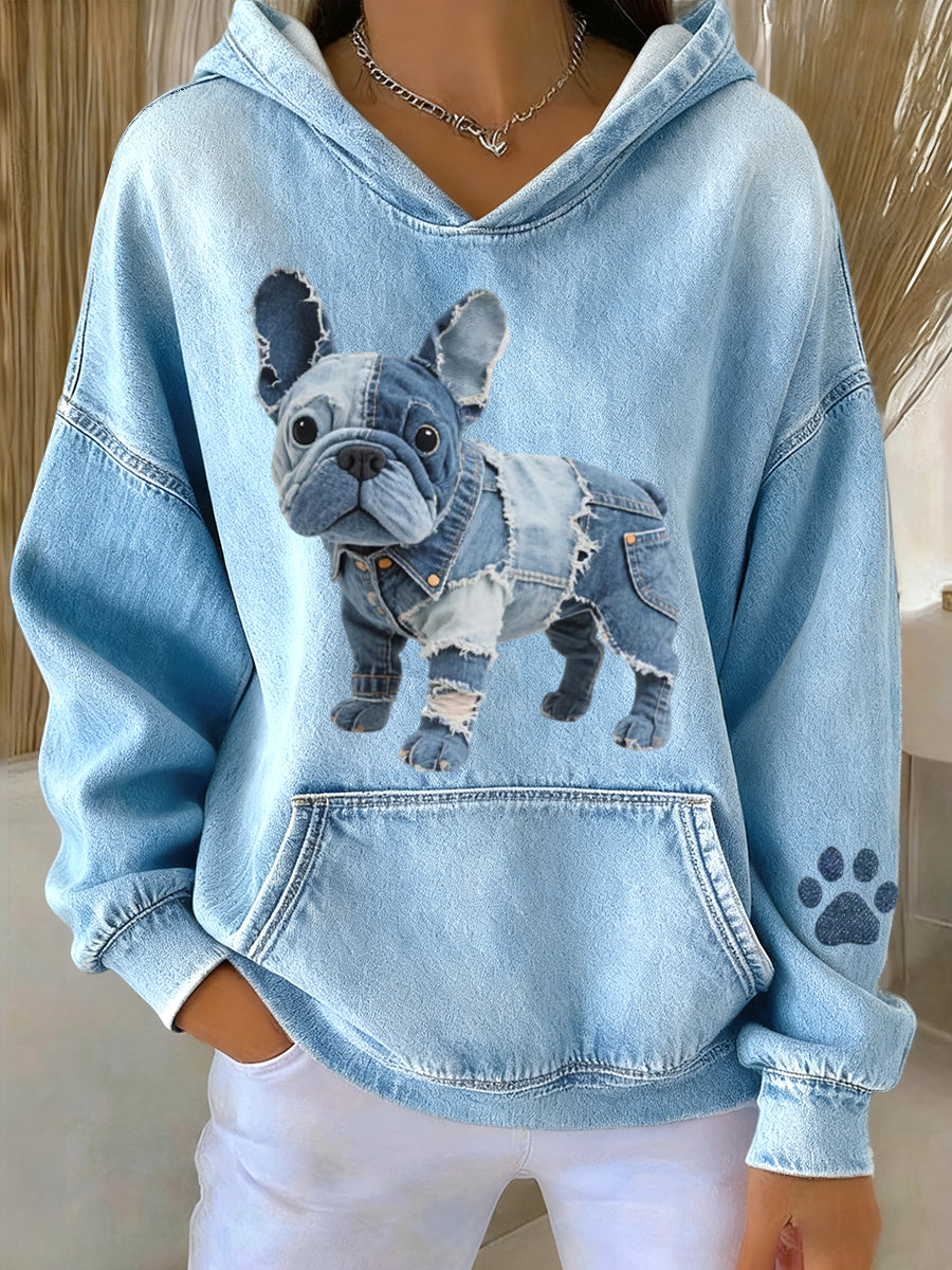 Blanca - Sweat à capuche en rayures de Bulldog Français avec patch en denim pour femmes