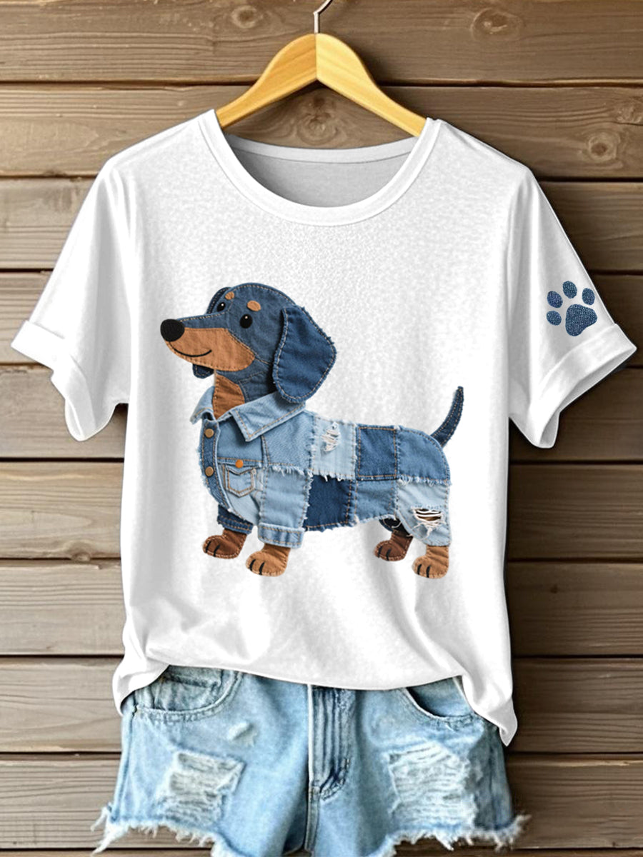 Ciela - T-shirt en patchwork de jeans pour dames avec motif de teckel
