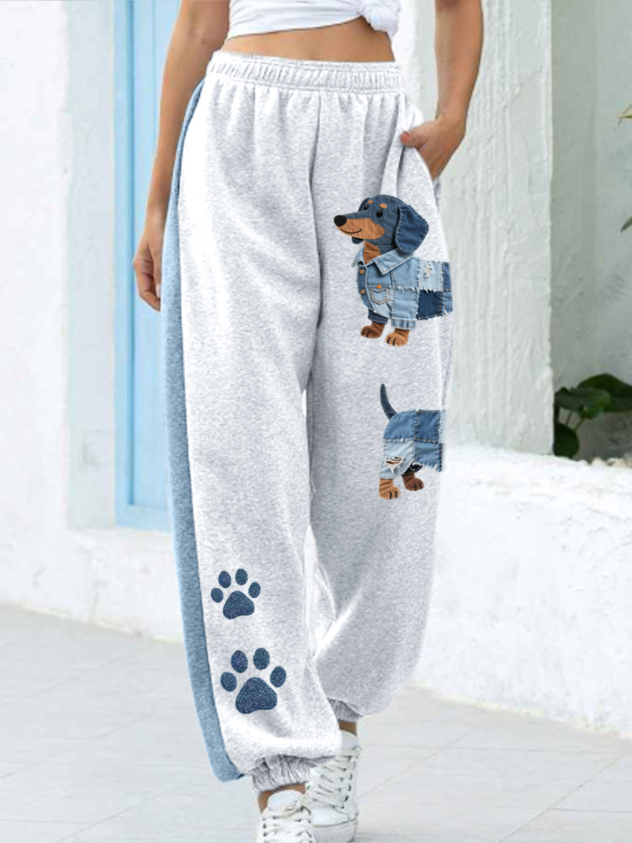 Canela - Jeans pour dames avec patchwork et motif de teckel