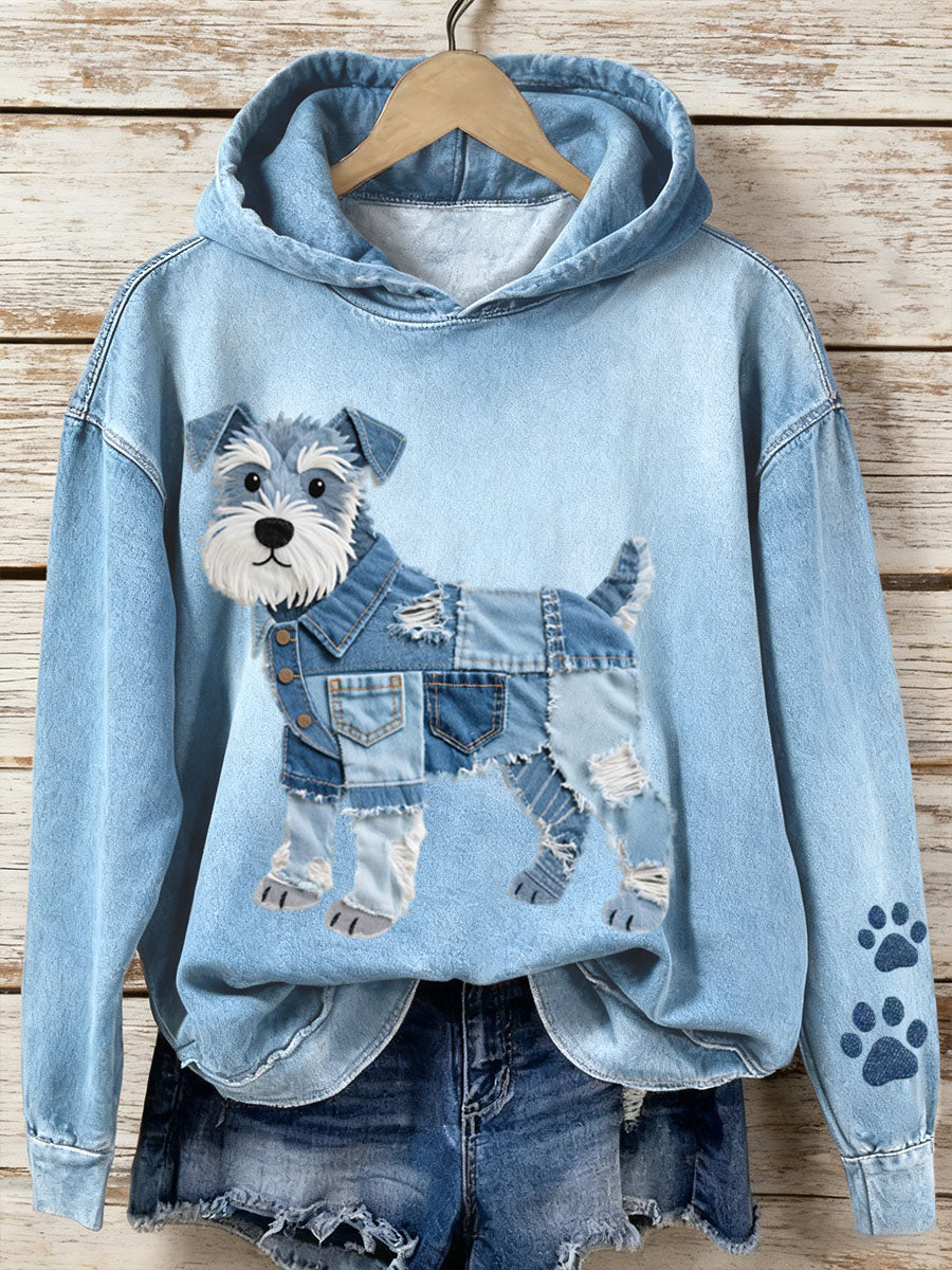 Lola - Sweat en jean pour dames Patchwork Art Schnauzer avec motif de chien