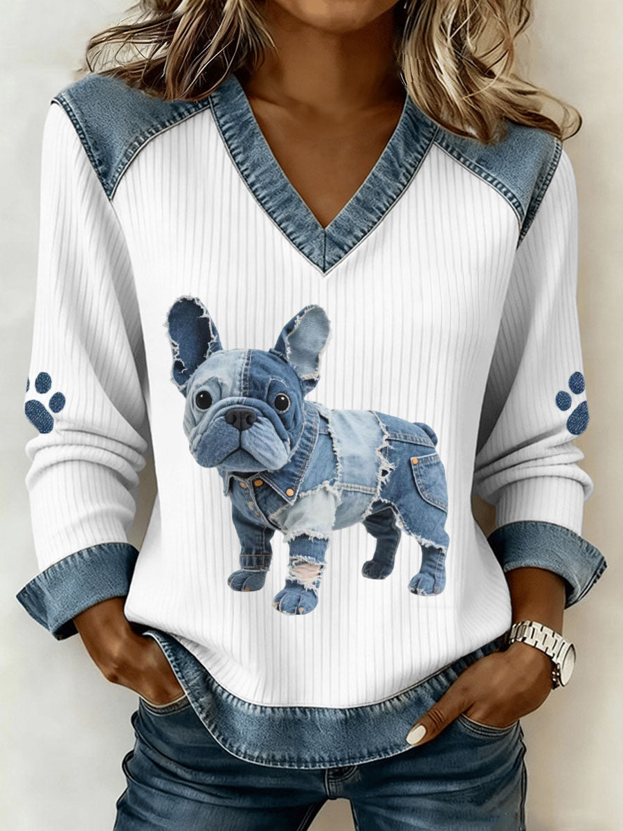 Élise™ - Top artistique en patchwork de jeans pour femme bulldog français avec décolleté en V